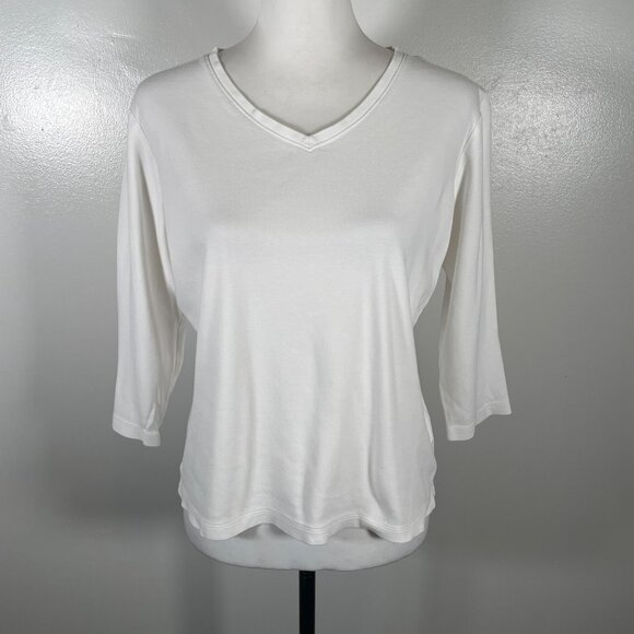 L.L. Bean T Shirt Top Women's Small Regular White Cotton Stretch V Neck Pullover - Picture 2 of 16